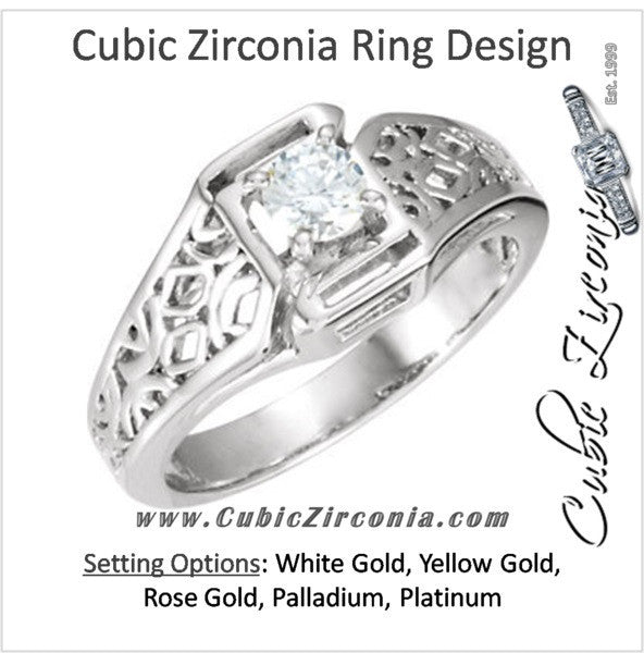 Cubic Zirconia Engagement Ring- The Tia (0.25 CT Round Cathedral-Set Solitaire with Wide Geometric-inspired Band)
