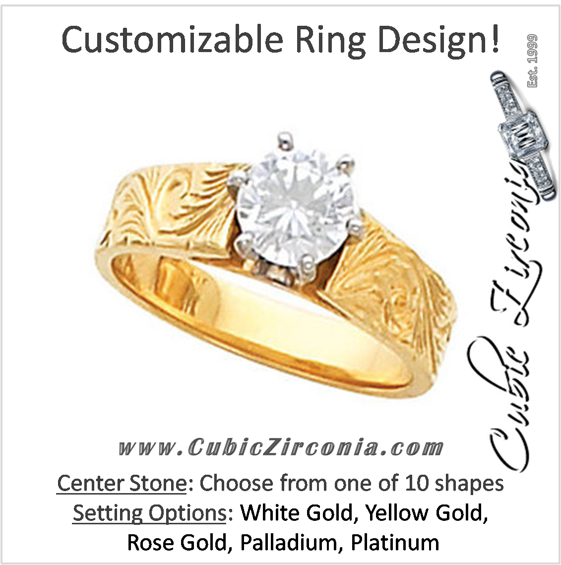 Cubic Zirconia Engagement Ring- The Adrienne (Customizable Solitaire with Hand-Engraved Band)