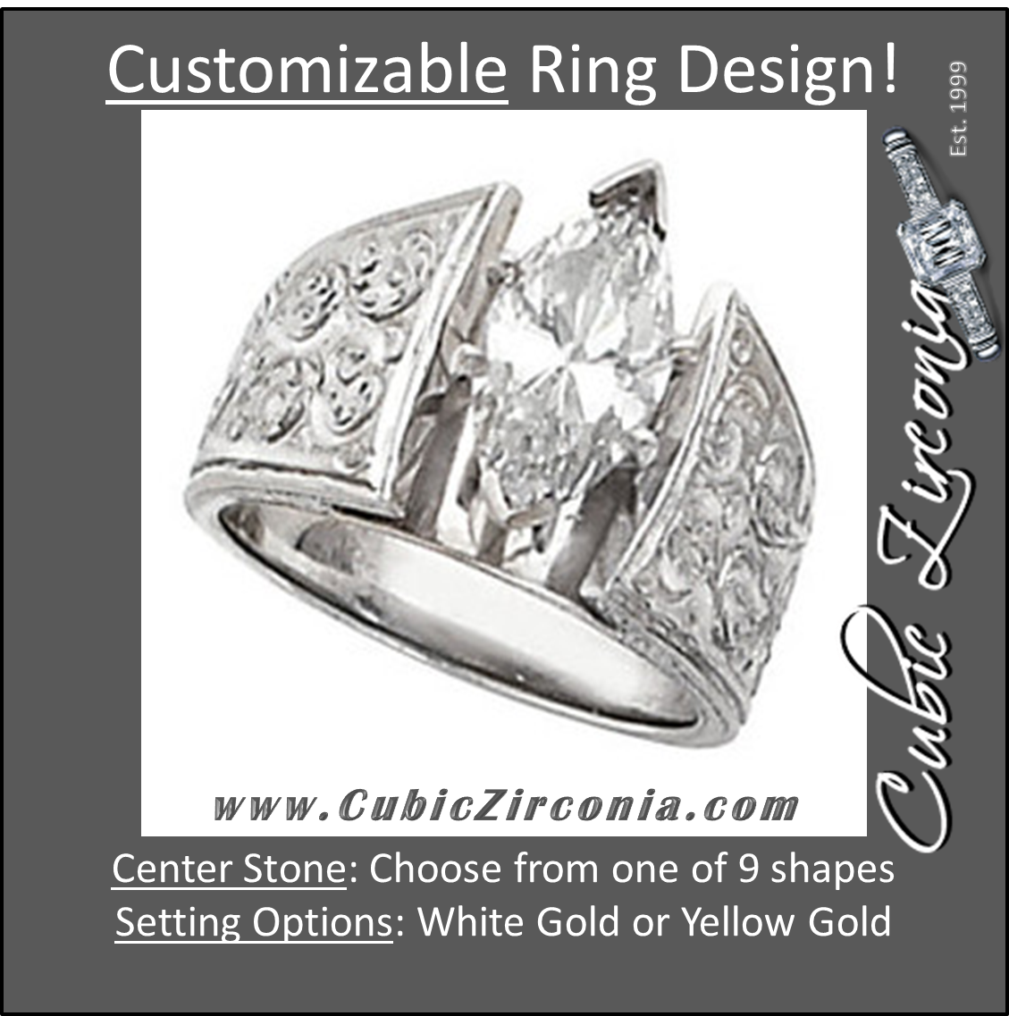Cubic Zirconia Engagement Ring- The Jodi (0.12-5.0 CT Customizable Center Wide Hand-Engraved Solitaire)