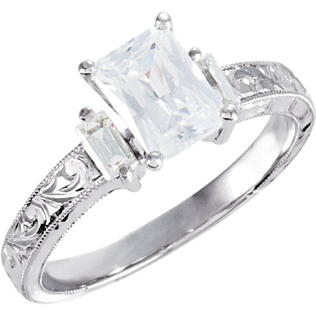 Cubic Zirconia Engagement Ring- The Abigail (1.26 CT Emerald-Cut with Baguette Accents and Hand-Engraved Band)