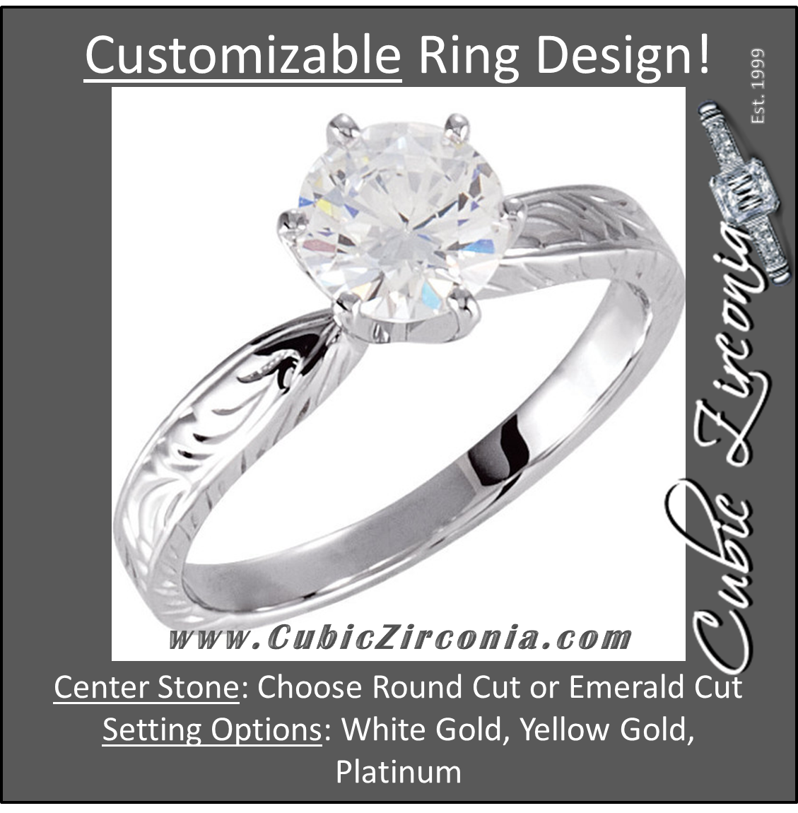 Cubic Zirconia Engagement Ring- The Hailey (0.25-1.0 CT Round-Cut Cut Solitaire with Hand-Engraved Band)