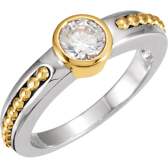 Cubic Zirconia Engagement Ring- The Stefanie Sky (Bezel-Style Solitaire with Beaded Channel)