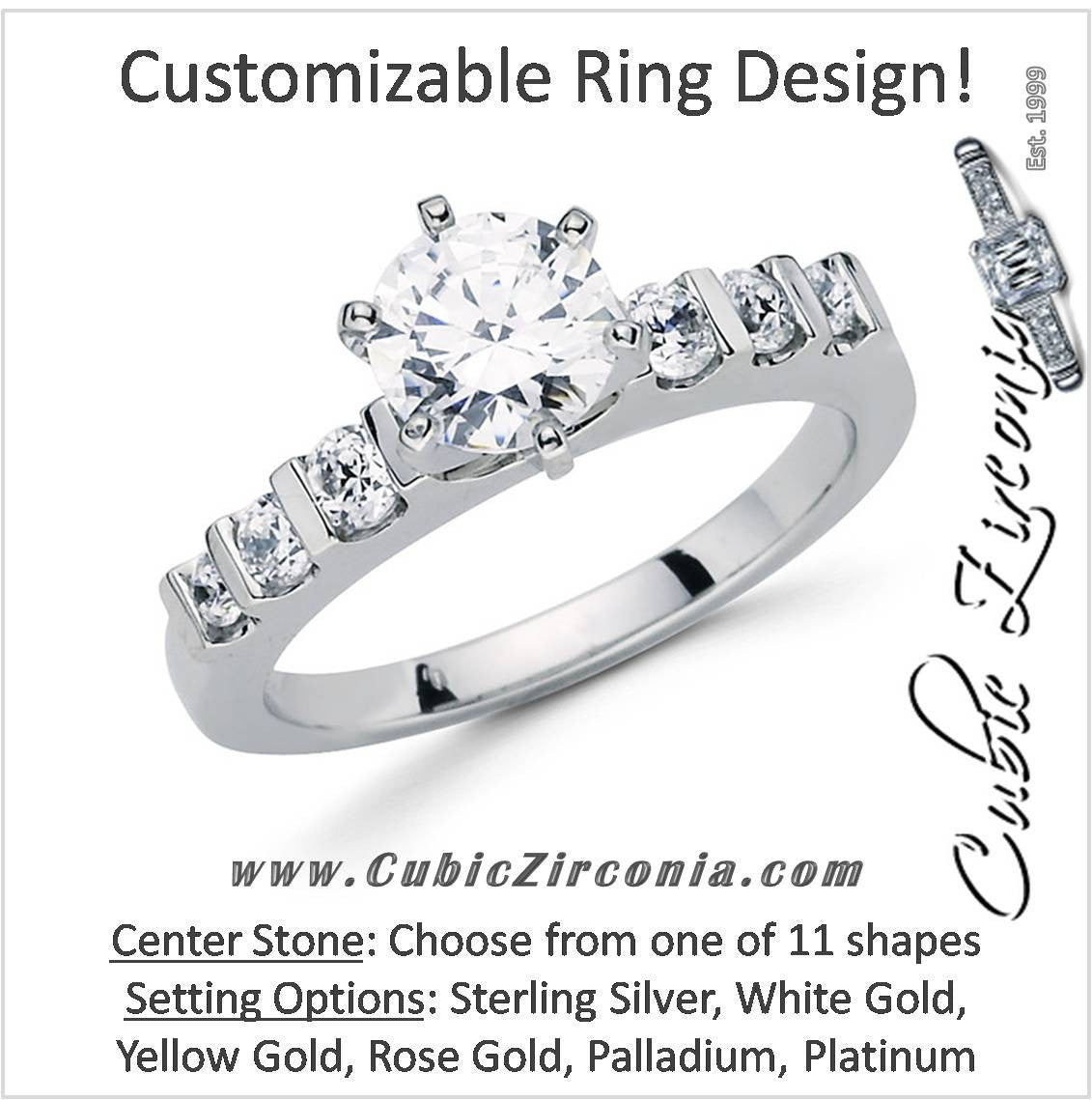 Cubic Zirconia Engagement Ring- The Lillian (Customizable 7-stone with Round Bar-Channel Accents)