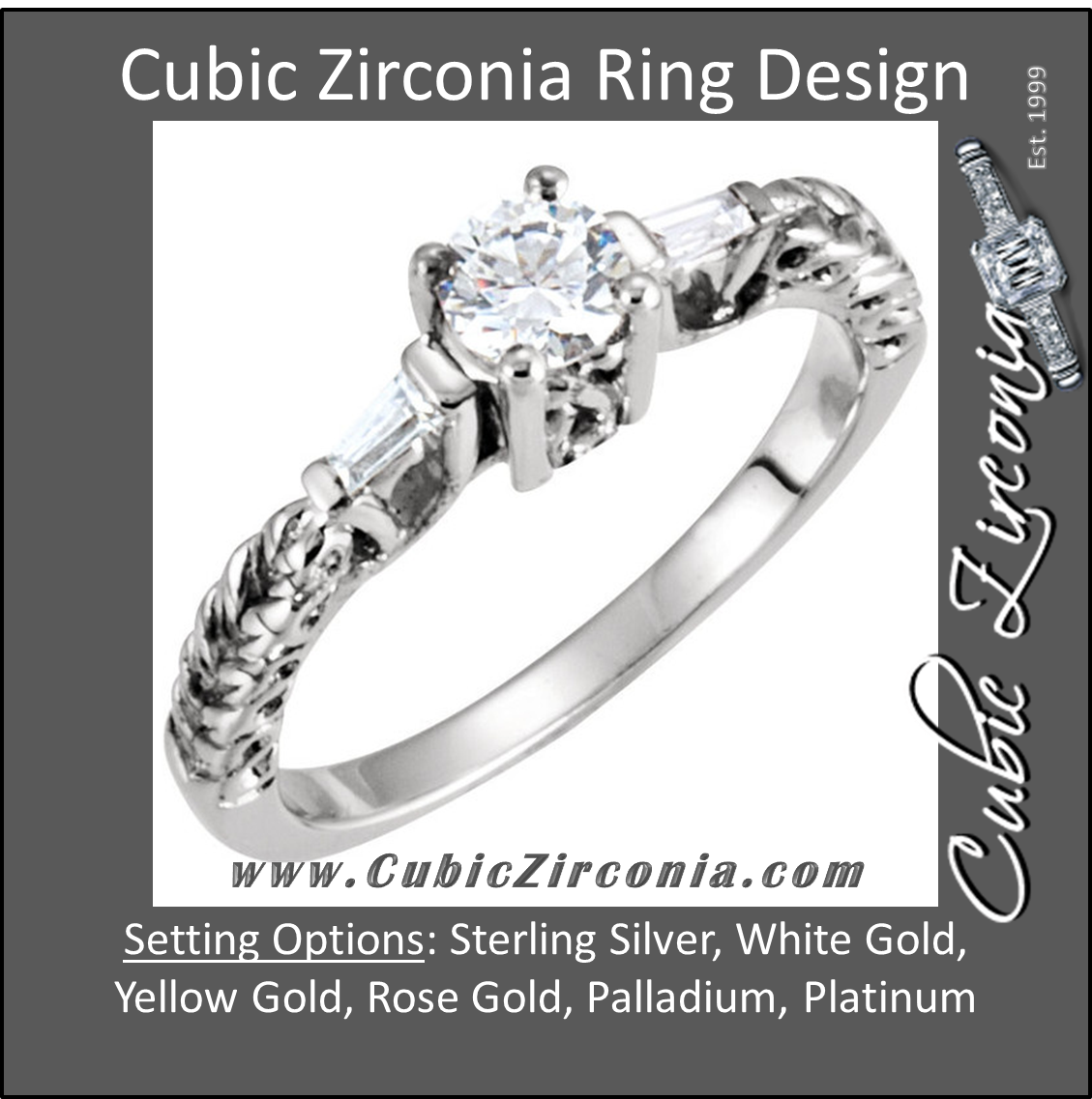 Cubic Zirconia Engagement Ring- The Mallory (0.25-1.0 Carat 3-stone Antique Round-Cut with Dual Tapered Baguettes)