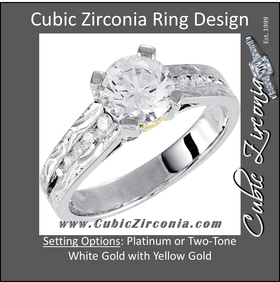 Cubic Zirconia Engagement Ring- The Krista (Round 1.0 CT Tapered Channel Setting with Hand-Engraved Band and Two-Tone Metal Color)