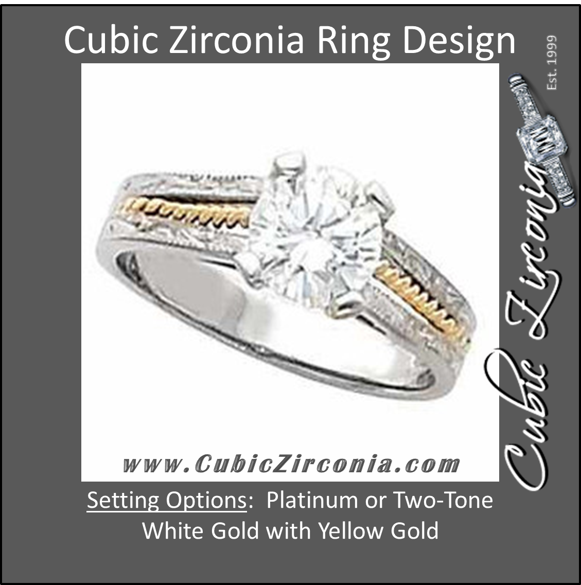Cubic Zirconia Engagement Ring- The Regina (Round 1.0 CT Solitaire with Hand-Engraved Band and Two-Tone Metal)
