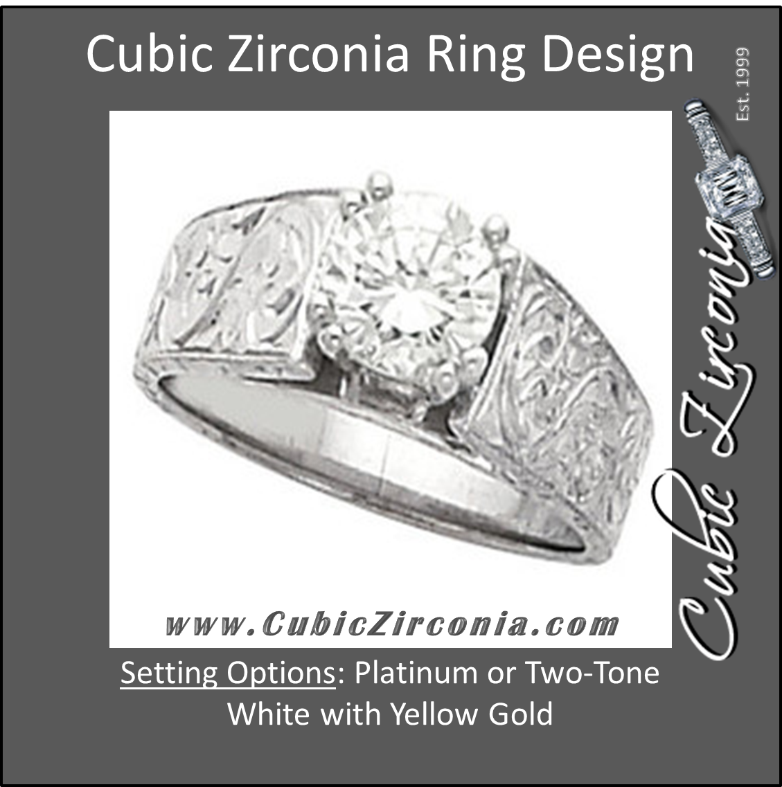 Cubic Zirconia Engagement Ring- The Kristine (1.0 CT Round Setting with Hand-Engraved Band and 2 Two-Tone Peekaboo Accent Gems)
