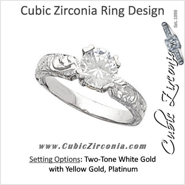 Cubic Zirconia Engagement Ring- The Autumn (1.0 CT Round Solitaire with Hand-Engraved Band and Two-Tone Peekaboo Accents)