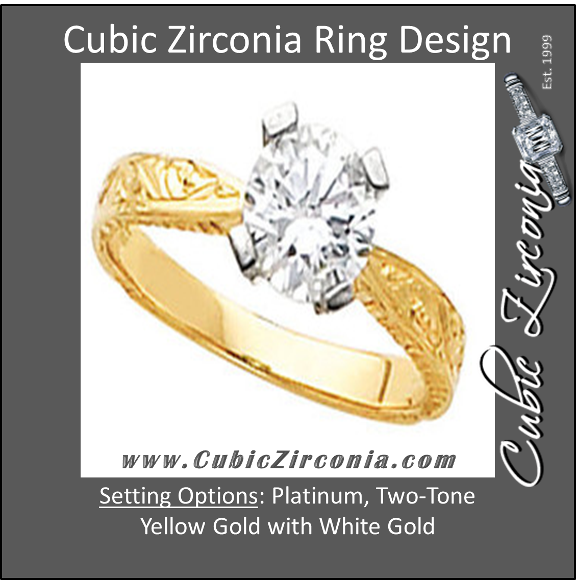 Cubic Zirconia Engagement Ring- The Iris (Round 1.0 CT Solitaire with Hand-Engraved Band and Two-Tone Gold Accents)