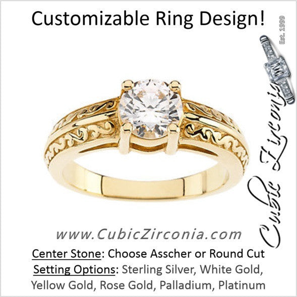 Cubic Zirconia Engagement Ring- The Jasmine (1 Carat Engraved Scroll Design Solitaire)