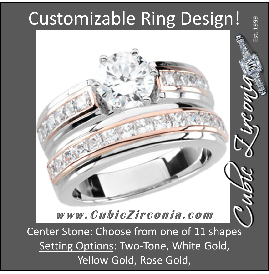 CZ Wedding Set, Style 232 featuring The Natalie engagement ring (Customizable Center Stone with Two-Tone Princess Channel Band)