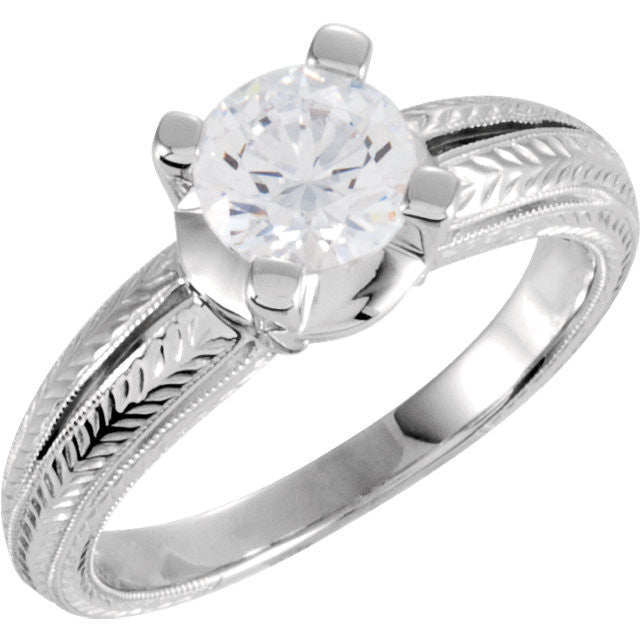 Cubic Zirconia Engagement Ring- The Kendra (1 Carat Round 4-Prong Solitaire with Hand-Engraved Ribbed Metal)