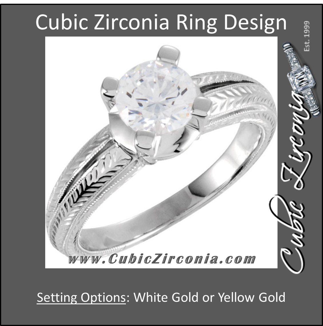 Cubic Zirconia Engagement Ring- The Kendra (1 Carat Round 4-Prong Solitaire with Hand-Engraved Ribbed Metal)