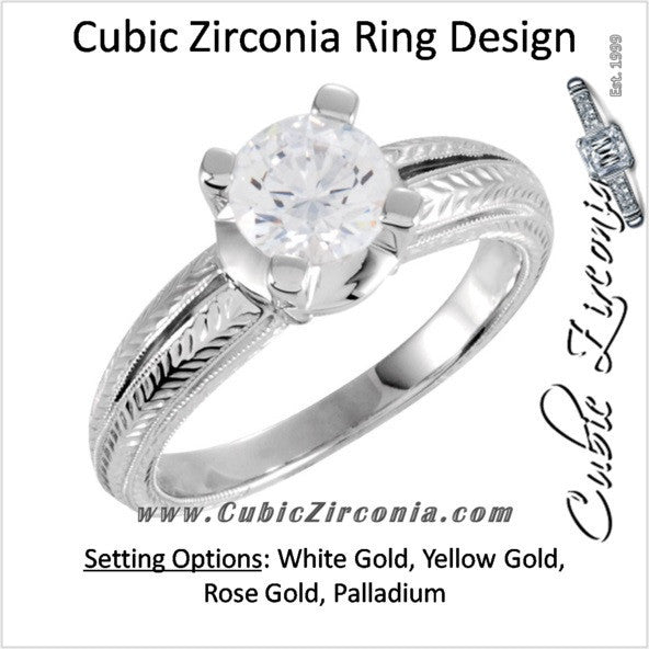Cubic Zirconia Engagement Ring- The Kendra (1 Carat Round 4-Prong Solitaire with Hand-Engraved Ribbed Metal)