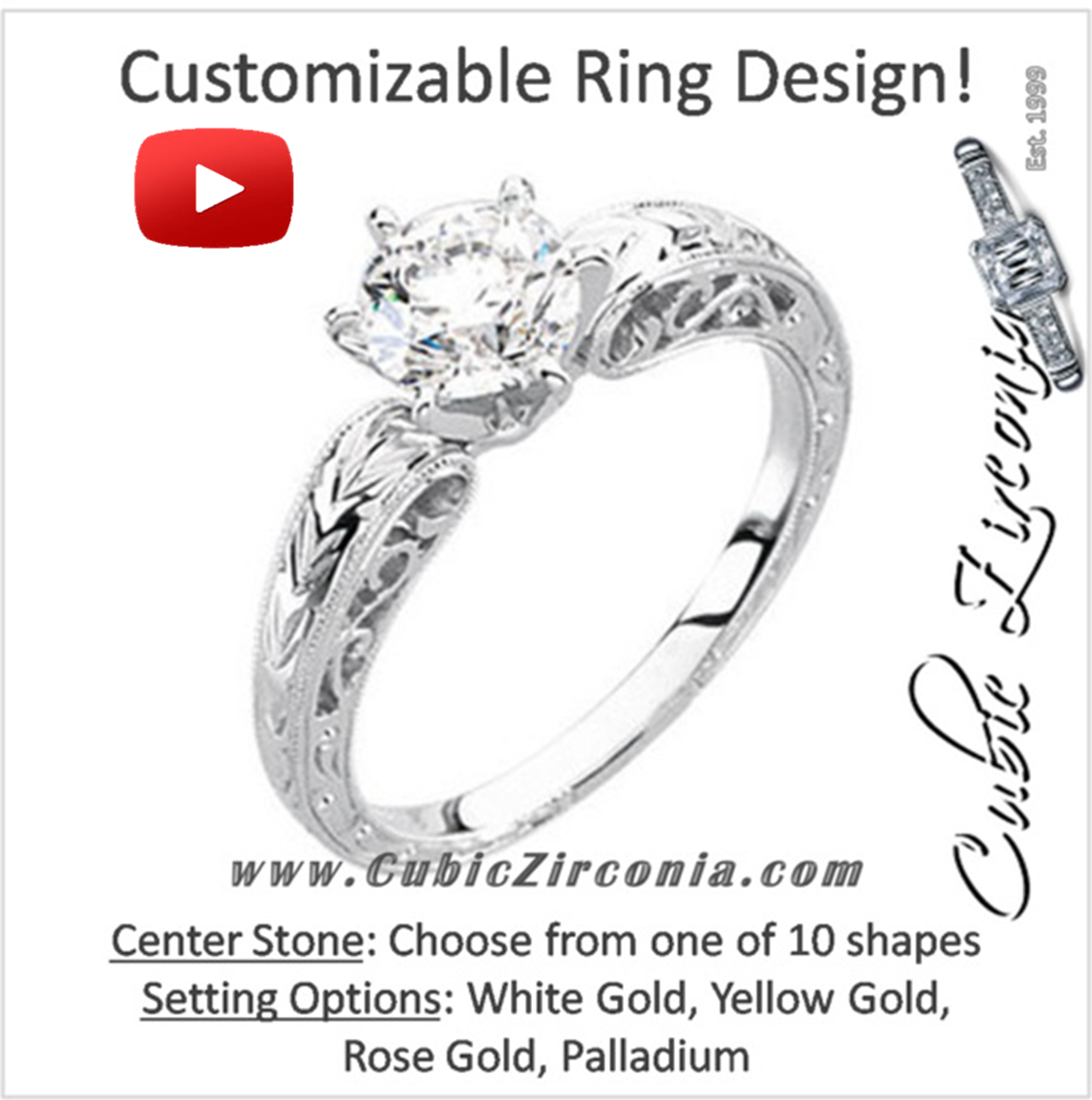 Cubic Zirconia Engagement Ring- The Virginia (Customizable Solitaire with "Fiery" Hand-Engraved Band)