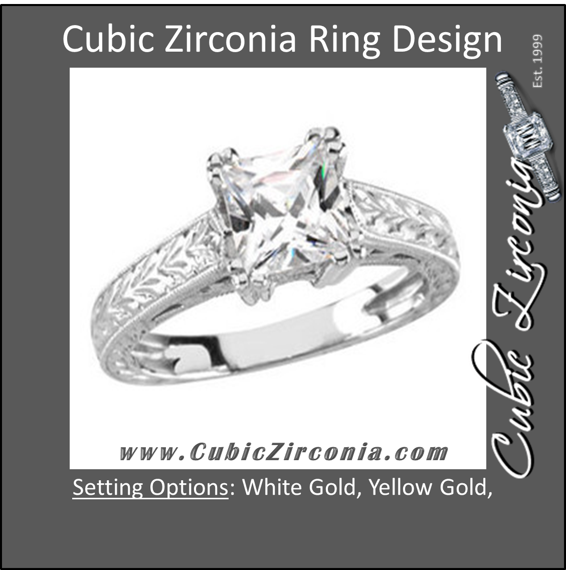 Cubic Zirconia Engagement Ring- The Cindy (0.5 or 1.0 Carat Princess-Cut Solitaire with Hand-Engraved Band)