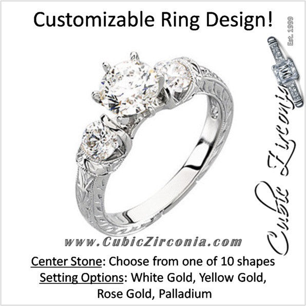 Cubic Zirconia Engagement Ring- The Deanna (Customizable Semi-Solitaire with Leafy-inscribed Band)