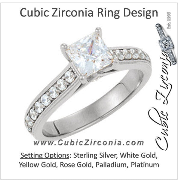 Cubic Zirconia Engagement Ring- The Merci (Princess Cut Style with Round Band Accents & Kite-set Square Bezel Peekaboos)