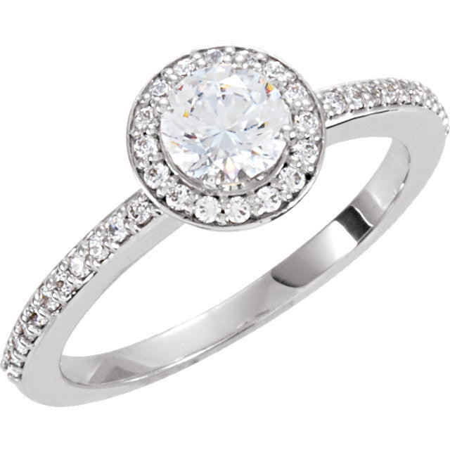 Cubic Zirconia Engagement Ring- The Leigh (Round Bezel Halo-Style with Pave Band)