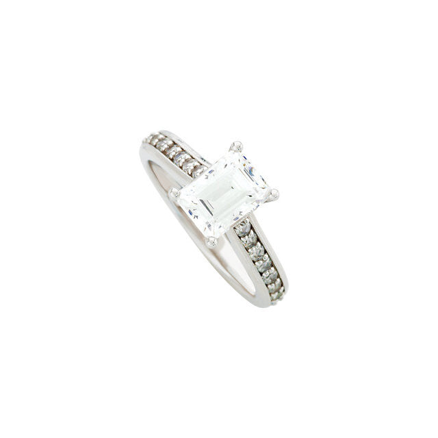 Cubic Zirconia Engagement Ring- The Kimberly (1 Carat Emerald-Cut Cathedral Style with Round Band Accents and Square Kite-set Peekaboo)