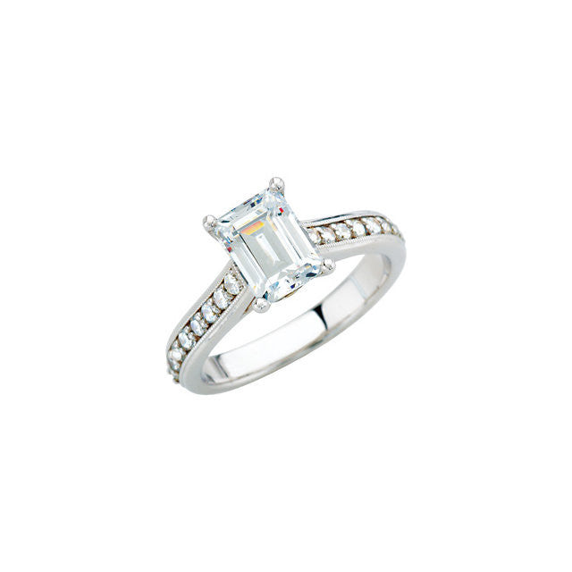 Cubic Zirconia Engagement Ring- The Kimberly (1 Carat Emerald-Cut Cathedral Style with Round Band Accents and Square Kite-set Peekaboo)