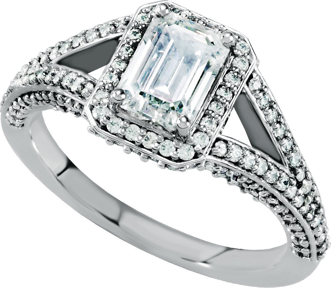 Cubic Zirconia Engagement Ring- The Penney (Emerald Cut 165-stone Vintage Design with Halo Setting and Pave Band)