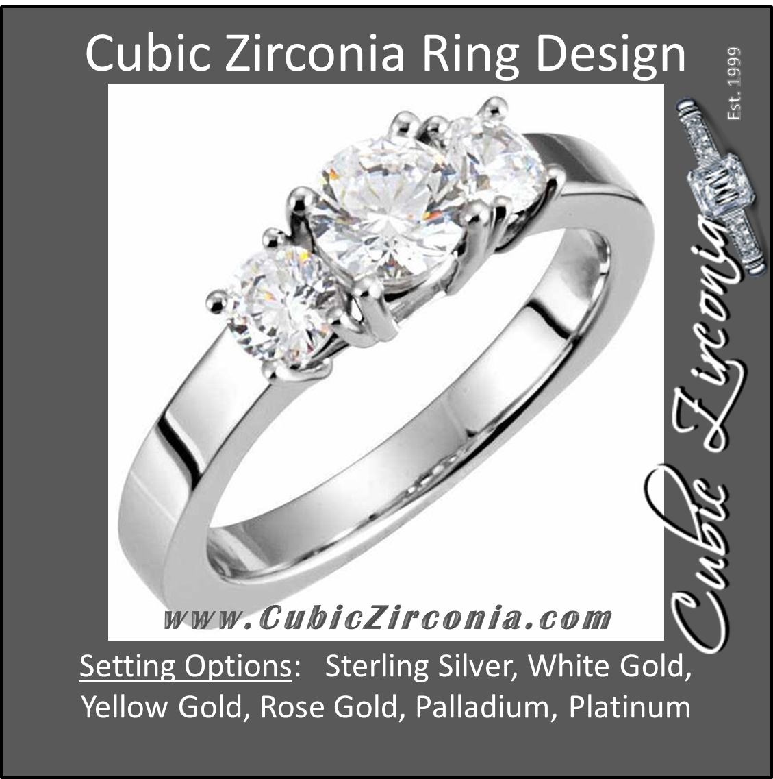 Cubic Zirconia Engagement Ring- The Tracy (Round 1.5-2.0 TCW 3-Stone Petite Band)