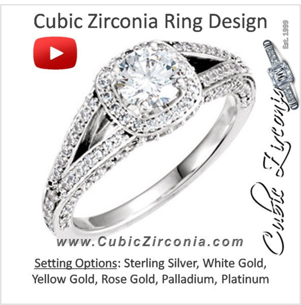 Cubic Zirconia Engagement Ring- The Simone (Customizable Bezel-set Round Cut with Halo and Split-Pavé Band)