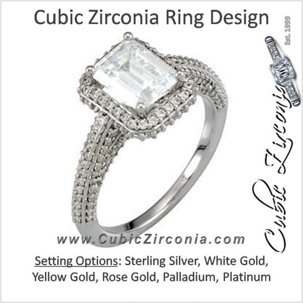 Cubic Zirconia Engagement Ring- The Cher (Emerald Cut or Radiant Cut Halo with Three-Sided Pavé Band)