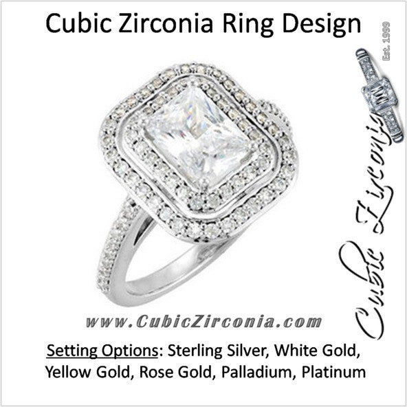 Cubic Zirconia Engagement Ring- The Jessica Mary (Emerald-Cut with Double Halo and Pave Band)