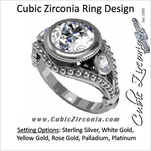 Cubic Zirconia Engagement Ring- The Carolyn (3-Stone 2.14 TCW Round Bezel-set with Bubble Beaded Design)