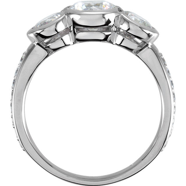 Cubic Zirconia Engagement Ring- The Alisha (3-Stone 2.24 TCW Round Bezel-Set with Pave Band)