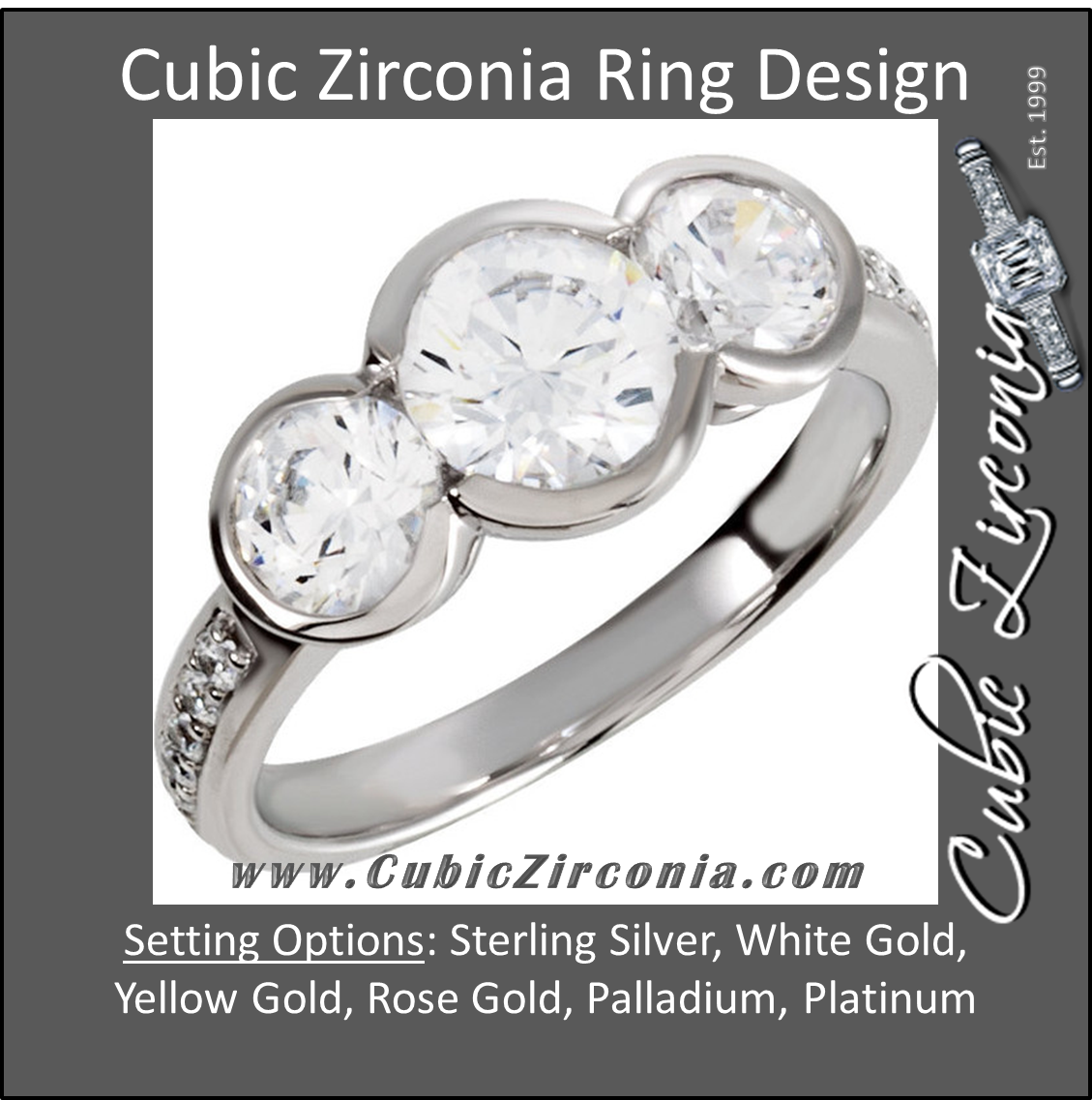 Cubic Zirconia Engagement Ring- The Alisha (3-Stone 2.24 TCW Round Bezel-Set with Pave Band)