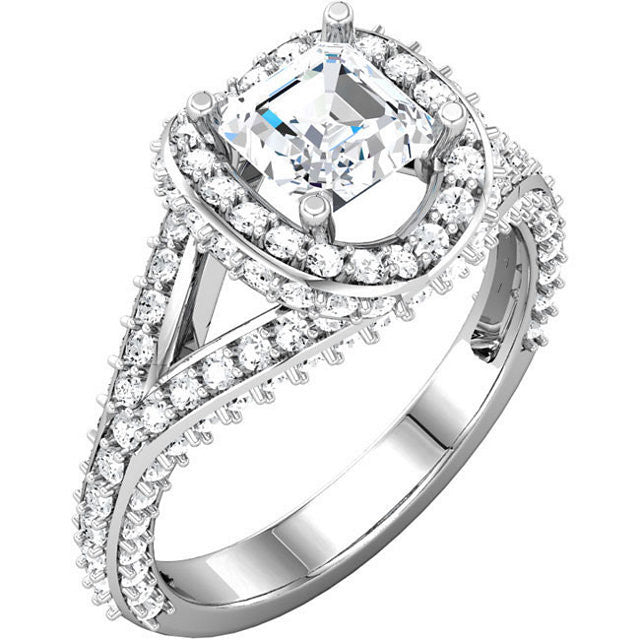 Cubic Zirconia Engagement Ring- The April (0.75 Asscher Cut Split-Band Halo-Style with Pave Band)