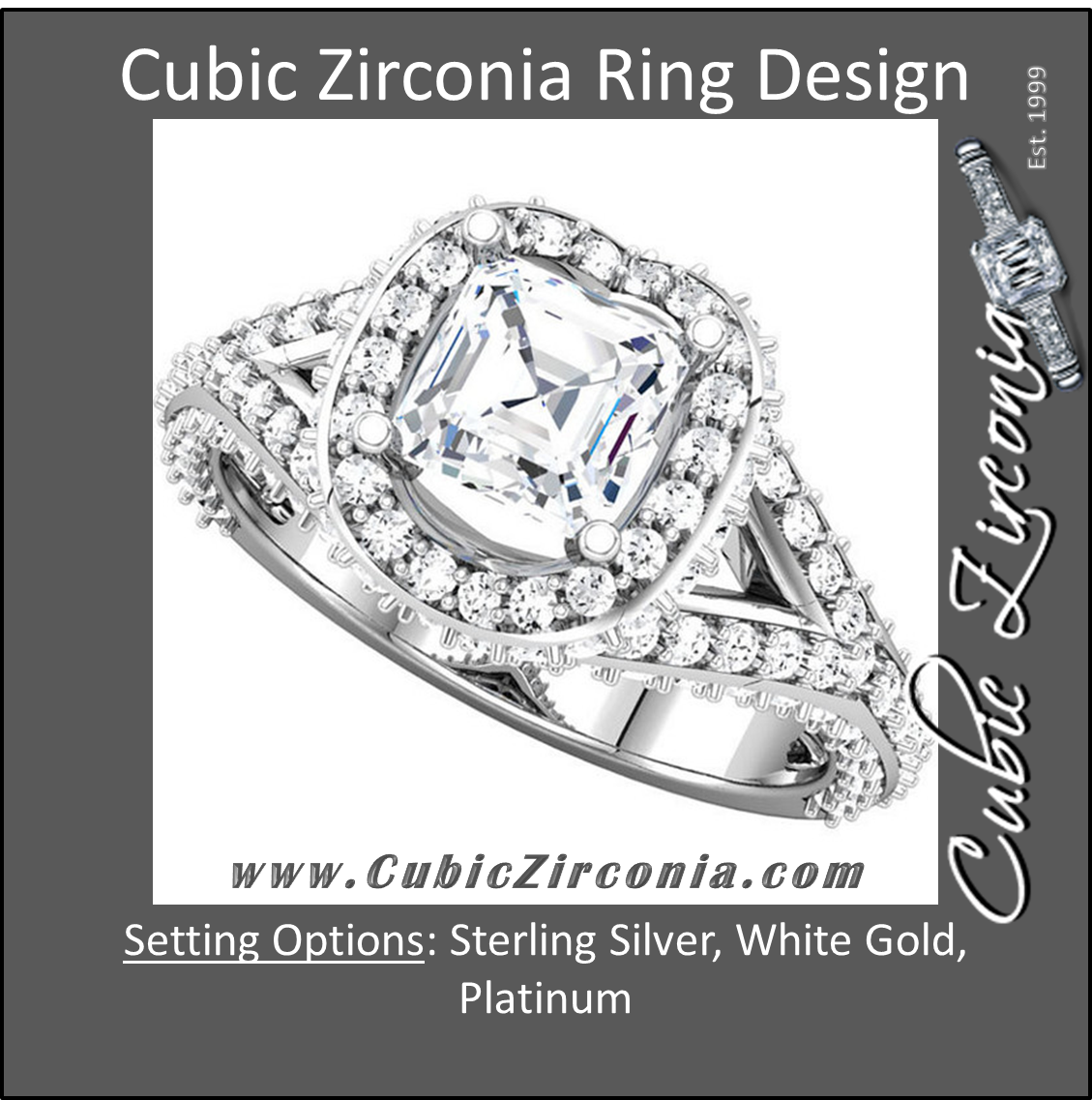 Cubic Zirconia Engagement Ring- The April (0.75 Asscher Cut Split-Band Halo-Style with Pave Band)