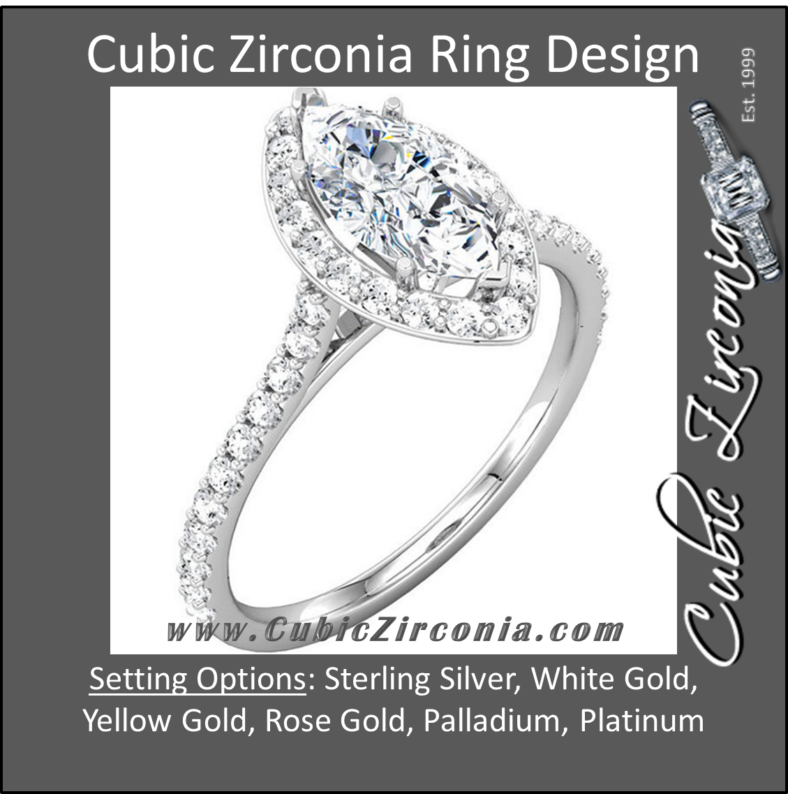 Cubic Zirconia Engagement Ring- The Cheresa (Marquise-Cut Halo-Style with Twin Bezel-Set Peekaboos & Pave Band)