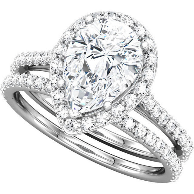 Cubic Zirconia Engagement Ring- The Maria (Pear Cut Halo-Style with Pave Band)