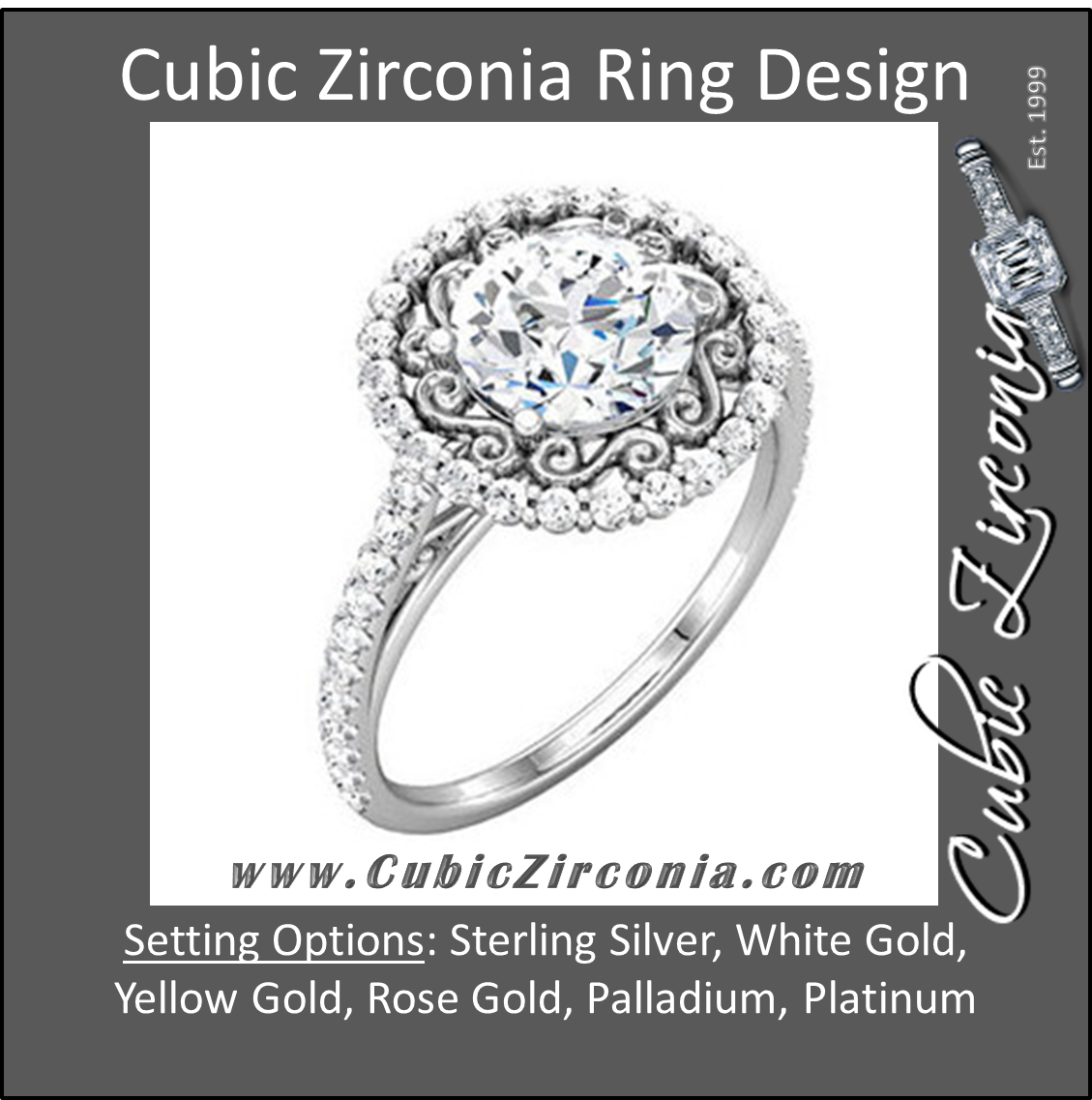 Cubic Zirconia Engagement Ring- The Darlene (1.5 Carat Round S-Pattern Halo-Style with Pave Band)