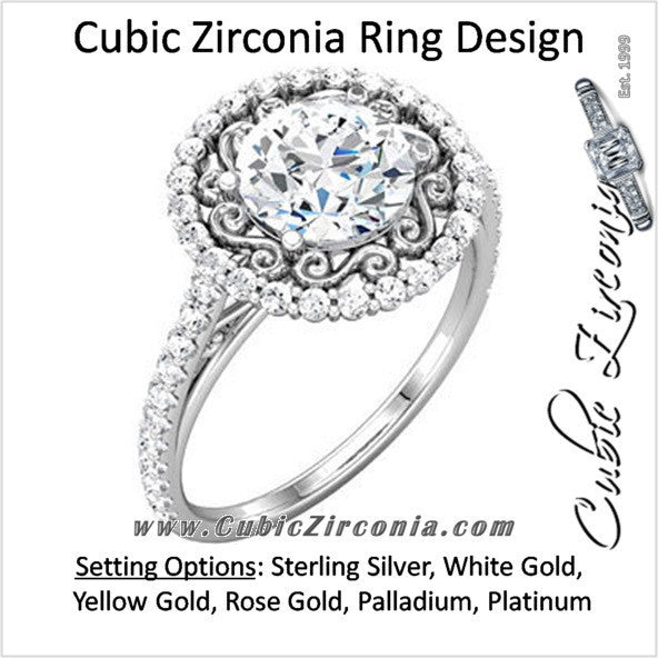Cubic Zirconia Engagement Ring- The Darlene (1.5 Carat Round S-Pattern Halo-Style with Pave Band)