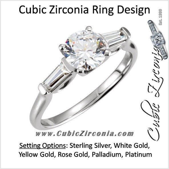 Cubic Zirconia Engagement Ring- The Barbara (0.5-2.0 Carat Round 3-stone with Dual Tapered Baguettes)