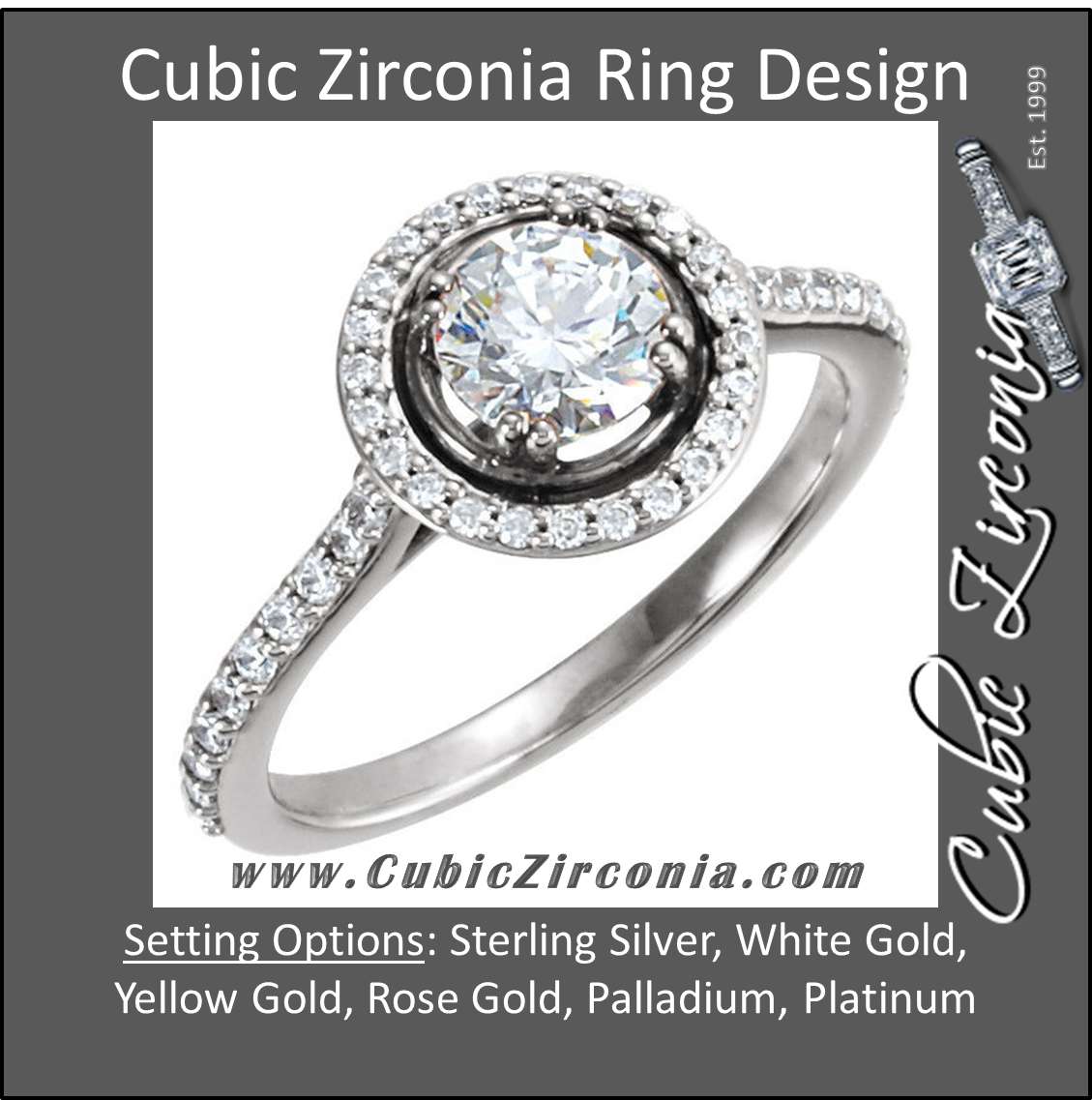 Cubic Zirconia Engagement Ring- The Lori (0.75 Carat Round Halo-Style with Pave Band)