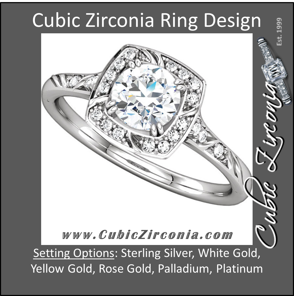 Cubic Zirconia Engagement Ring- The Meghan (Round-Cut with Segmented Halo and Etched Pave Band)