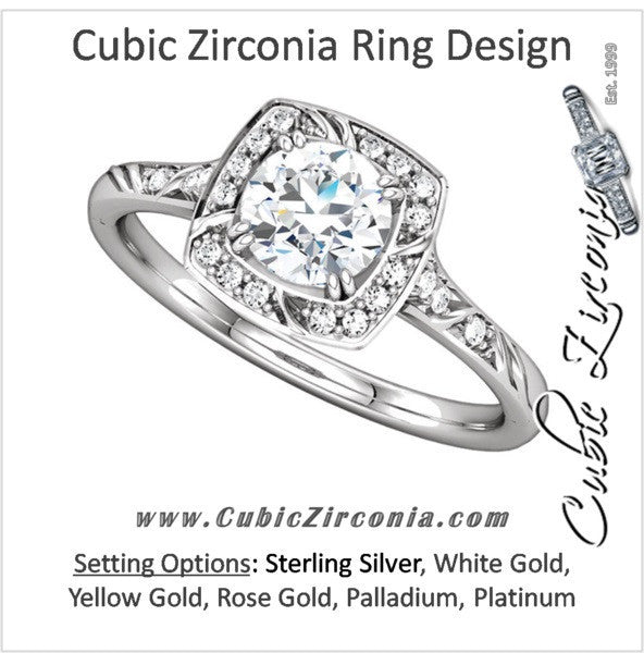 Cubic Zirconia Engagement Ring- The Meghan (Round-Cut with Segmented Halo and Etched Pave Band)