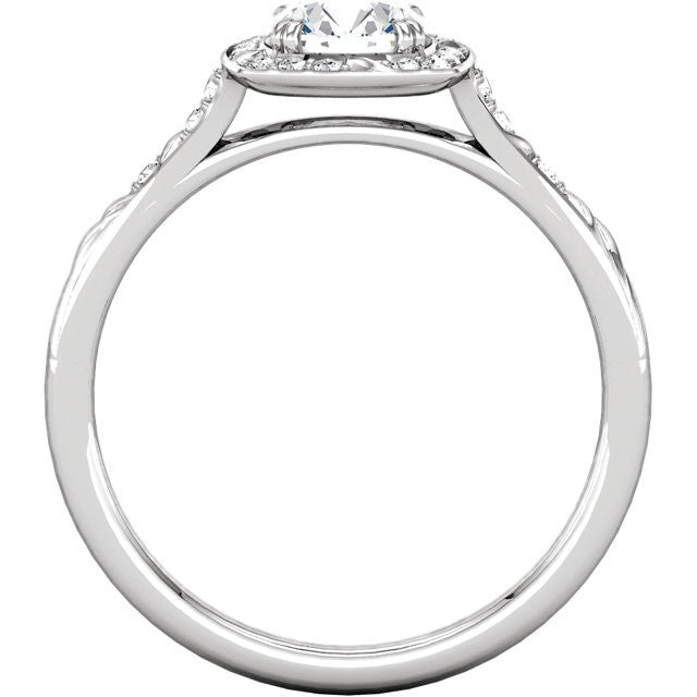 Cubic Zirconia Engagement Ring- The Meghan (Round-Cut with Segmented Halo and Etched Pave Band)