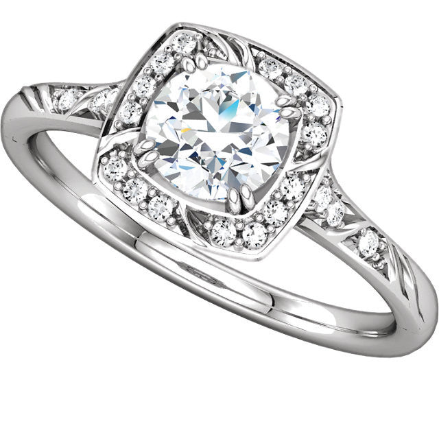 Cubic Zirconia Engagement Ring- The Meghan (Round-Cut with Segmented Halo and Etched Pave Band)