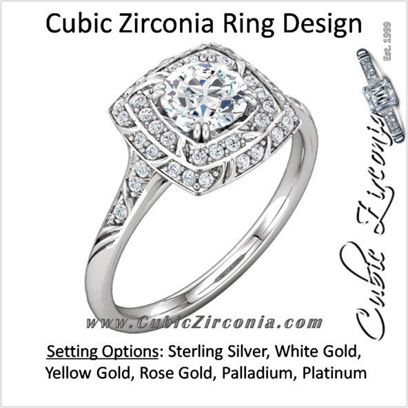 Cubic Zirconia Engagement Ring- The Linda (Round-Cut with Segmented Double-Halo and Etched Pave Band)