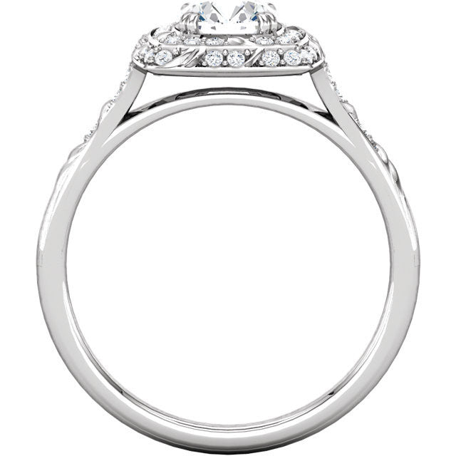 Cubic Zirconia Engagement Ring- The Linda (Round-Cut with Segmented Double-Halo and Etched Pave Band)