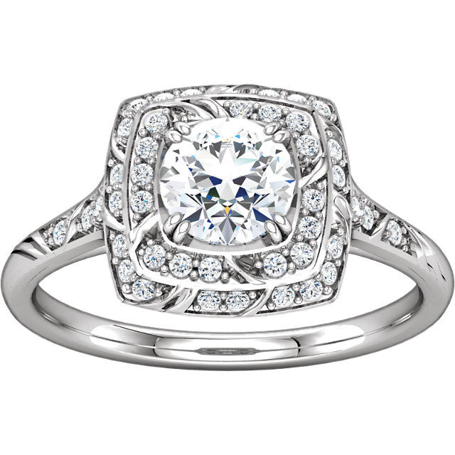 Cubic Zirconia Engagement Ring- The Linda (Round-Cut with Segmented Double-Halo and Etched Pave Band)