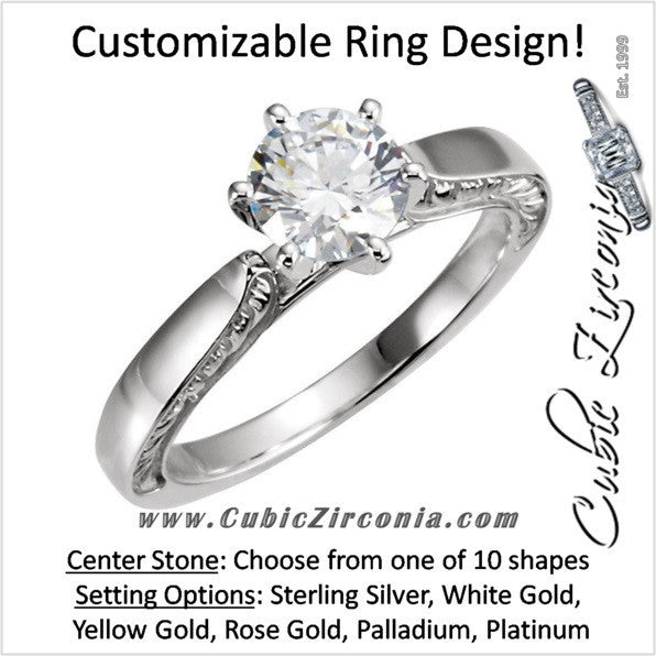 Cubic Zirconia Engagement Ring- The Joanna (0.25-1.0 Carat Customizable Center Solitaire with Inscribed-Metal Band)