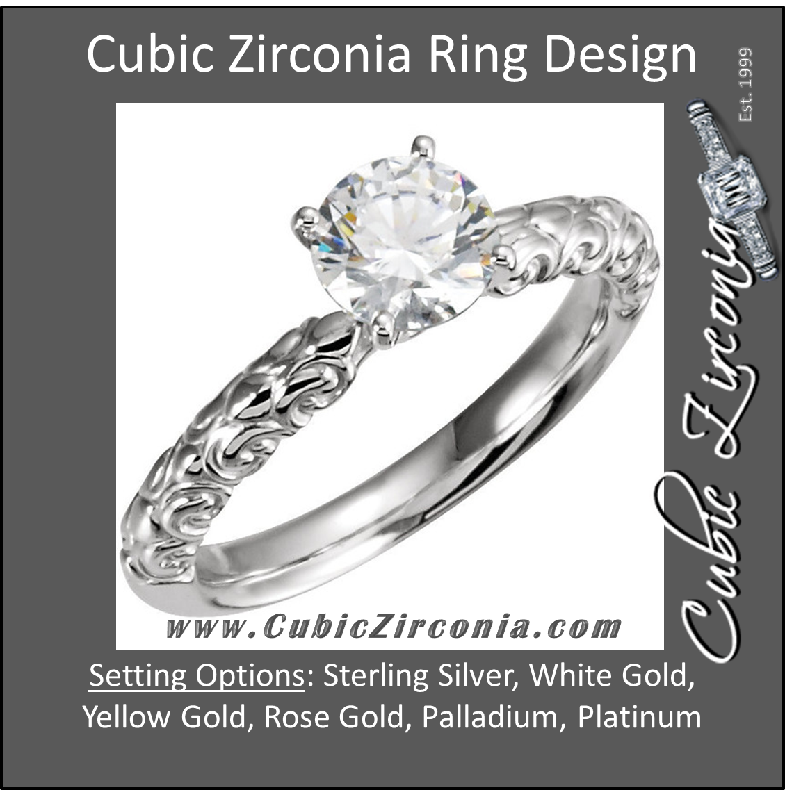 Cubic Zirconia Engagement Ring- The Emily (1 Carat Round Solitaire with Sculptural Eternity Band)